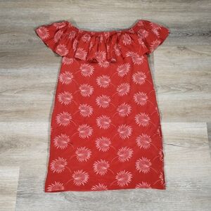 Madewell Silk Off The Shoulder Red Mini Dress XS Palm Print Summer Beach Vibes